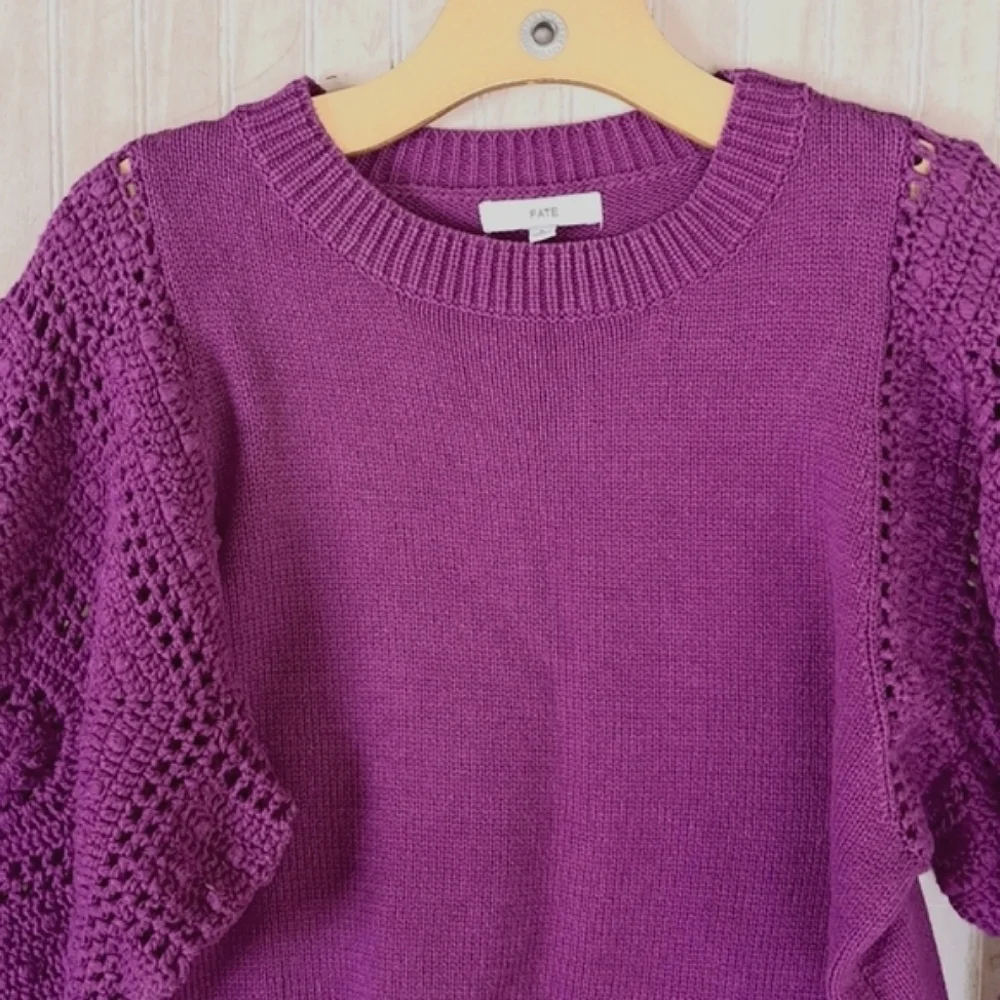 Fate Handknit Puff Crochet Sleeve Knit Sweater Cotton Blend Boho Soft Purple - Picture 2 of 10